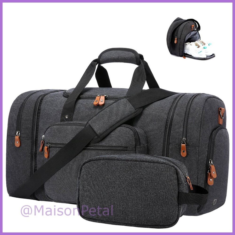 Canvas Travel Duffel Bag with Shoe Compartment and Toiletry Bag